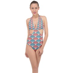 Seamless Patter Peacock Feathers Halter Front Plunge Swimsuit by Wegoenart