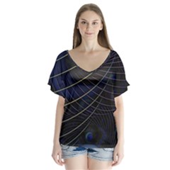 Background Fractal Peacock Pipe V-neck Flutter Sleeve Top by Wegoenart