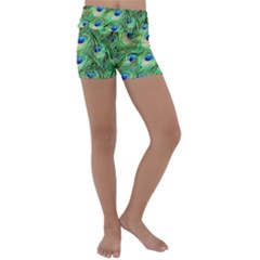 Peacock Feathers Peafowl Kids  Lightweight Velour Yoga Shorts by Wegoenart