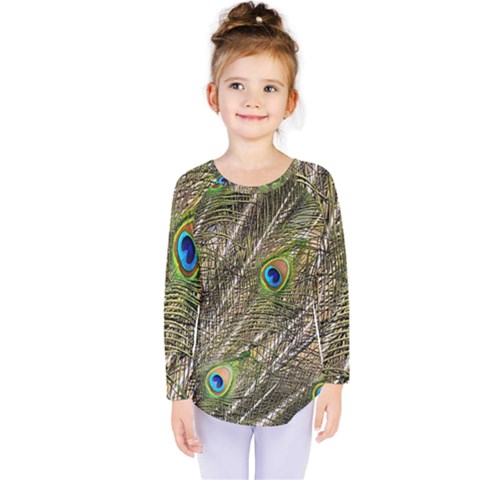 Peacock Feathers Color Plumag Kids  Long Sleeve Tee by Wegoenart