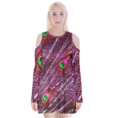 Peacock Feathers Color Plumage Velvet Long Sleeve Shoulder Cutout Dress by Wegoenart