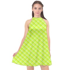 Yellow And Green Plaid Pattern Halter Neckline Chiffon Dress  by RedPanda