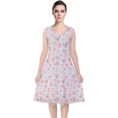 Bells Background Kids Star Christmas Fir Trees V-neck Midi Sleeveless Dress  by Wegoenart
