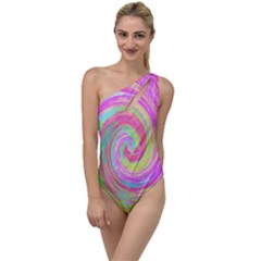Groovy Abstract Pink And Blue Liquid Swirl Painting To One Side Swimsuit by myrubiogarden