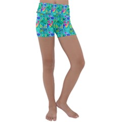 Garden Quilt Painting With Hydrangea And Blues Kids  Lightweight Velour Yoga Shorts by myrubiogarden
