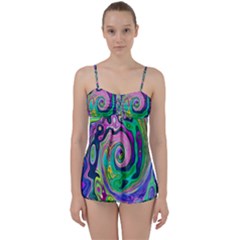 Groovy Abstract Aqua And Navy Lava Liquid Swirl Babydoll Tankini Set by myrubiogarden