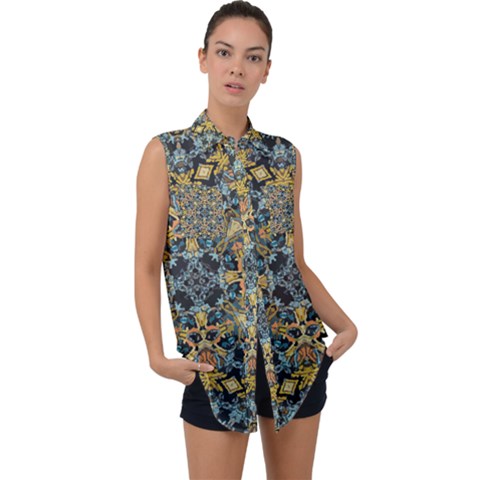 Seamless Texture Ornate Sleeveless Chiffon Button Shirt by Pakrebo