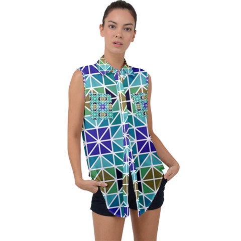 Mosaic Triangle Symmetry Sleeveless Chiffon Button Shirt by Pakrebo