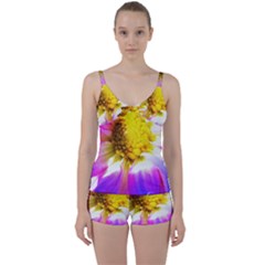 Purple, Pink And White Dahlia With A Bright Yellow Center Tie Front Two Piece Tankini by myrubiogarden