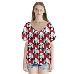 Trump Retro Face Pattern Maga Red Us Patriot V-neck Flutter Sleeve Top by snek