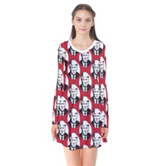 Trump Retro Face Pattern Maga Red Us Patriot Long Sleeve V-neck Flare Dress by snek