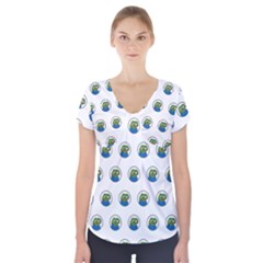 Apu Apustaja With Banana Phone Wall Eyed Pepe The Frog Pattern Kekistan Short Sleeve Front Detail Top by snek