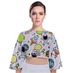 Sketch Cartoon Space Set Tie Back Butterfly Sleeve Chiffon Top by Pakrebo