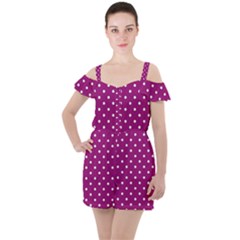 Fuschia Polka Dot Ruffle Cut Out Chiffon Playsuit by retrotoomoderndesigns