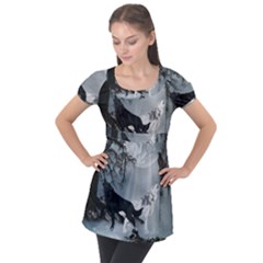 Awesome Black And White Wolf In The Dark Night Puff Sleeve Tunic Top by FantasyWorld7