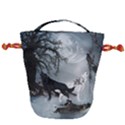Awesome Black And White Wolf In The Dark Night Drawstring Bucket Bag View1