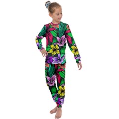 Neon Hibiscus Kids  Long Sleeve Set  by retrotoomoderndesigns