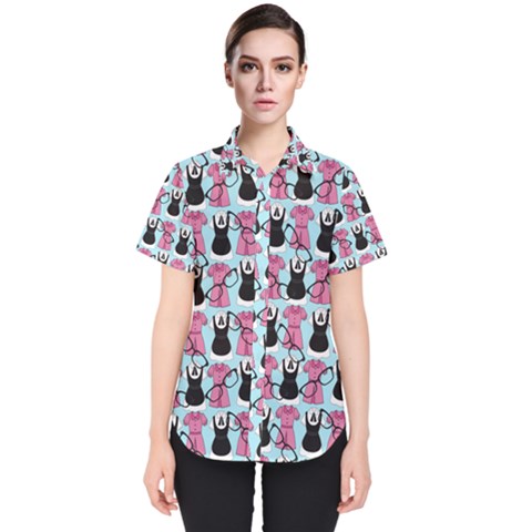 Waitress Uniform Dresses Nerdy Glasses Pattern Blue Women s Short Sleeve Shirt by snowwhitegirl