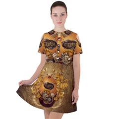 Awesome Steampunk Easter Egg With Flowers, Clocks And Gears Short Sleeve Shoulder Cut Out Dress  by FantasyWorld7