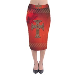Wonderful Celtic Cross On Vintage Background Velvet Midi Pencil Skirt by FantasyWorld7