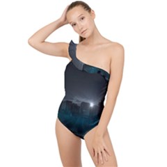 Skyline Night Star Sky Moon Sickle Frilly One Shoulder Swimsuit by Sudhe