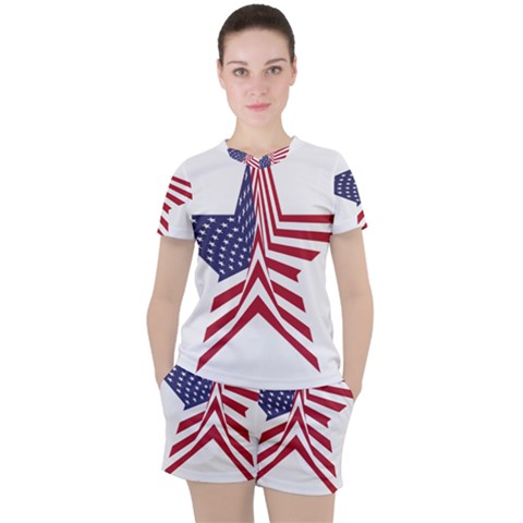 A Star With An American Flag Pattern Women s Tee And Shorts Set by Sudhe