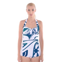Blue Vector Car Boyleg Halter Swimsuit  by Sudhe