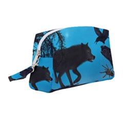 Awesome Black Wolf With Crow And Spider Wristlet Pouch Bag (medium) by FantasyWorld7