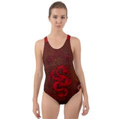 Awesome Chinese Dragon, Red Colors Cut-out Back One Piece Swimsuit by FantasyWorld7