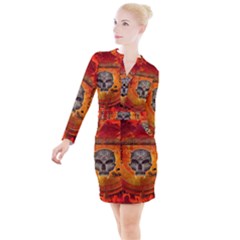 Awesome Skull With Celtic Knot With Fire On The Background Button Long Sleeve Dress by FantasyWorld7