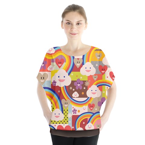 Rainbow Vintage Retro Style Kids Rainbow Vintage Retro Style Kid Funny Pattern With 80s Clouds Batwing Chiffon Blouse by genx
