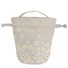 White Daisies Flower Pattern On Vintage Pastel Beige Background Retro Style Drawstring Bucket Bag by genx