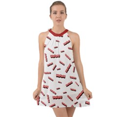 Funny Bacon Slices Pattern Infidel Red Meat Halter Tie Back Chiffon Dress by genx