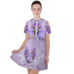 Happy Easter, Easter Egg With Flowers In Soft Violet Colors Short Sleeve Shoulder Cut Out Dress  by FantasyWorld7