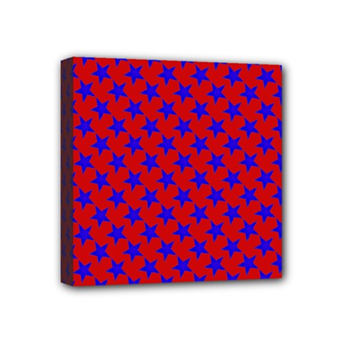 Blue Stars Pattern On Red Mini Canvas 4  X 4  (stretched) by BrightVibesDesign