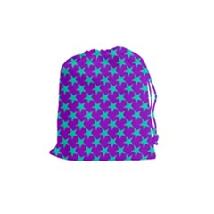 Turquoise Stars Pattern On Purple Drawstring Pouch (medium) by BrightVibesDesign