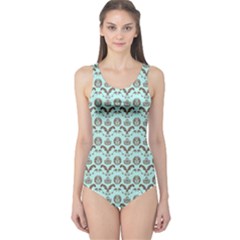 Easter Damask Pattern Robins Egg Blue And Brown One Piece Swimsuit by emilyzragz