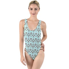 Easter Damask Pattern Robins Egg Blue And Brown High Leg Strappy Swimsuit by emilyzragz