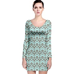 Easter Damask Pattern Robins Egg Blue And Brown Long Sleeve Velvet Bodycon Dress by emilyzragz