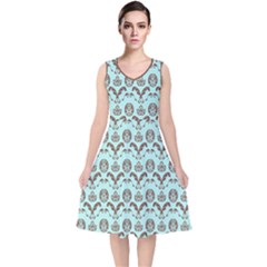 Easter Damask Pattern Robins Egg Blue And Brown V-neck Midi Sleeveless Dress  by emilyzragz