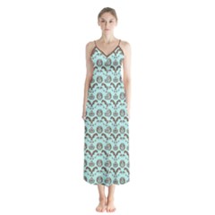 Easter Damask Pattern Robins Egg Blue And Brown Button Up Chiffon Maxi Dress by emilyzragz