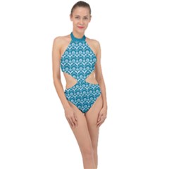 Easter Damask Pattern Deep Teal Blue And White Halter Side Cut Swimsuit by emilyzragz