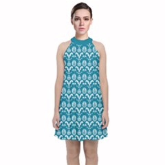 Easter Damask Pattern Deep Teal Blue And White Velvet Halter Neckline Dress  by emilyzragz