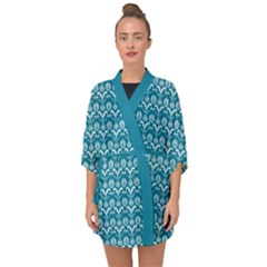 Easter Damask Pattern Deep Teal Blue And White Half Sleeve Chiffon Kimono by emilyzragz