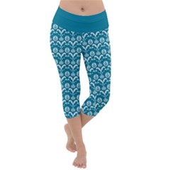 Easter Damask Pattern Deep Teal Blue And White Lightweight Velour Capri Yoga Leggings by emilyzragz