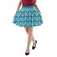 Easter Damask Pattern Deep Teal Blue And White A-line Pocket Skirt by emilyzragz