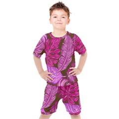 Tropical Pink Leaves Kids  Tee And Shorts Set by snowwhitegirl