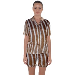 Skin Zebra Striped White Brown Satin Short Sleeve Pyjamas Set by Pakrebo