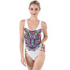 Tiger - White Background High Leg Strappy Swimsuit by WensdaiAmbrose