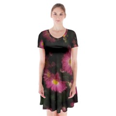 Purple Flowers With Yellow Centers Short Sleeve V-neck Flare Dress by okhismakingart